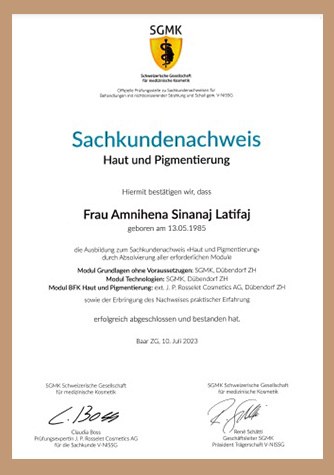 SGMK Sachkundenachweis Haut und Pigmentierung für Amnihena Sinanaj Latifaj, Juli 2023