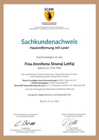SGMK Sachkundenachweis Haarentfernung mit Laser für Amnihena Sinanaj Latifaj, Juni 2023